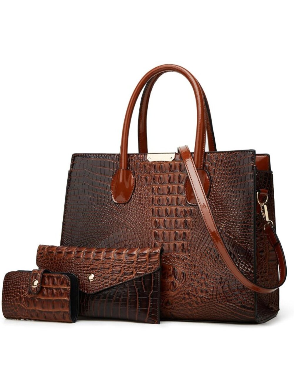 Stylish Crocodile Embossed 3-Piece Tote Handbag Set with Matching Wallet